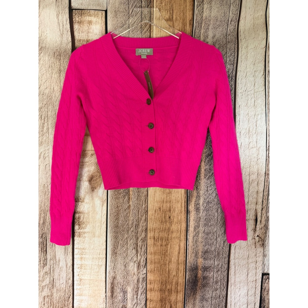 J.Crew Cardigan Sweater Cashmere Shrunken Cable Knit V Neck Fuchsia Size XXS NWT